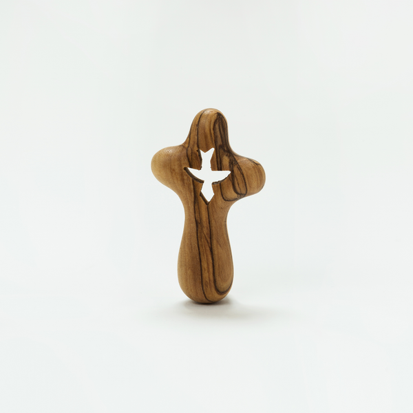 OLIVE WOOD HOLDING PALM CROSS WITH DOVE FROM THE HOLY LAND