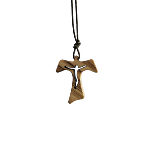 OLIVE WOOD TAU CROSS ON A STRING NECKLACE