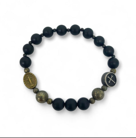 ROSARY BRACELET -  BLACK ONYX & PYRITE BEADS (8MM)