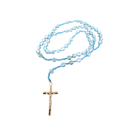 PLASTIC ROSARY WITH CROSS DESIGN ON BEADS