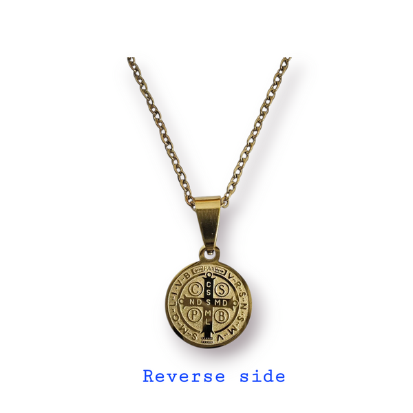 STAINLESS STEEL SAINT BENEDICT MEDAL NECKLACE - GOLD TONE