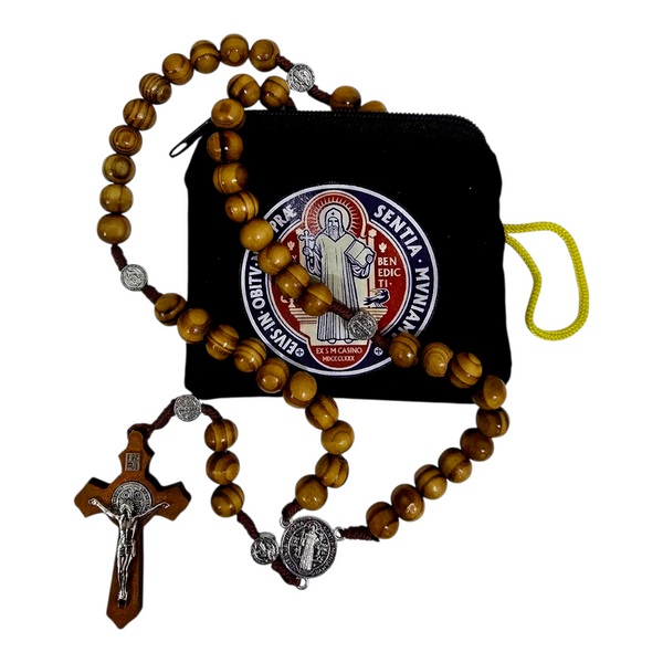 CORDED WOODEN BEADS ROSARY WITH POUCH - SAINT BENEDICT