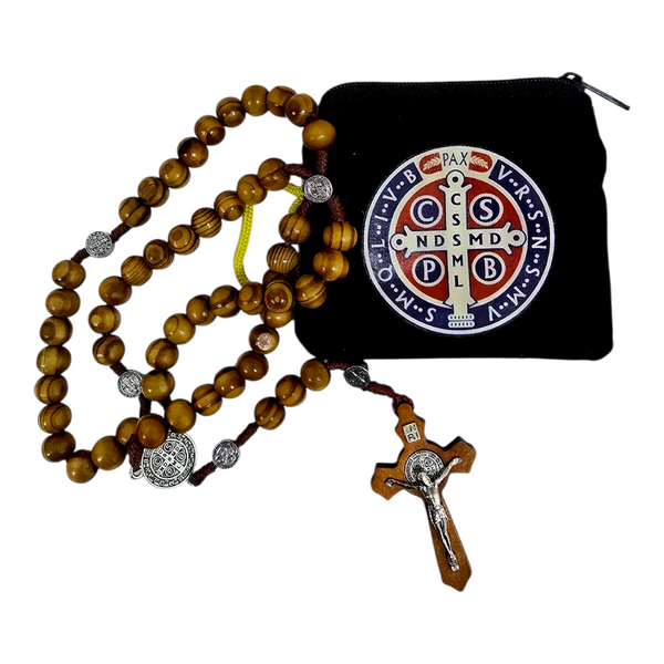 CORDED WOODEN BEADS ROSARY WITH POUCH - SAINT BENEDICT