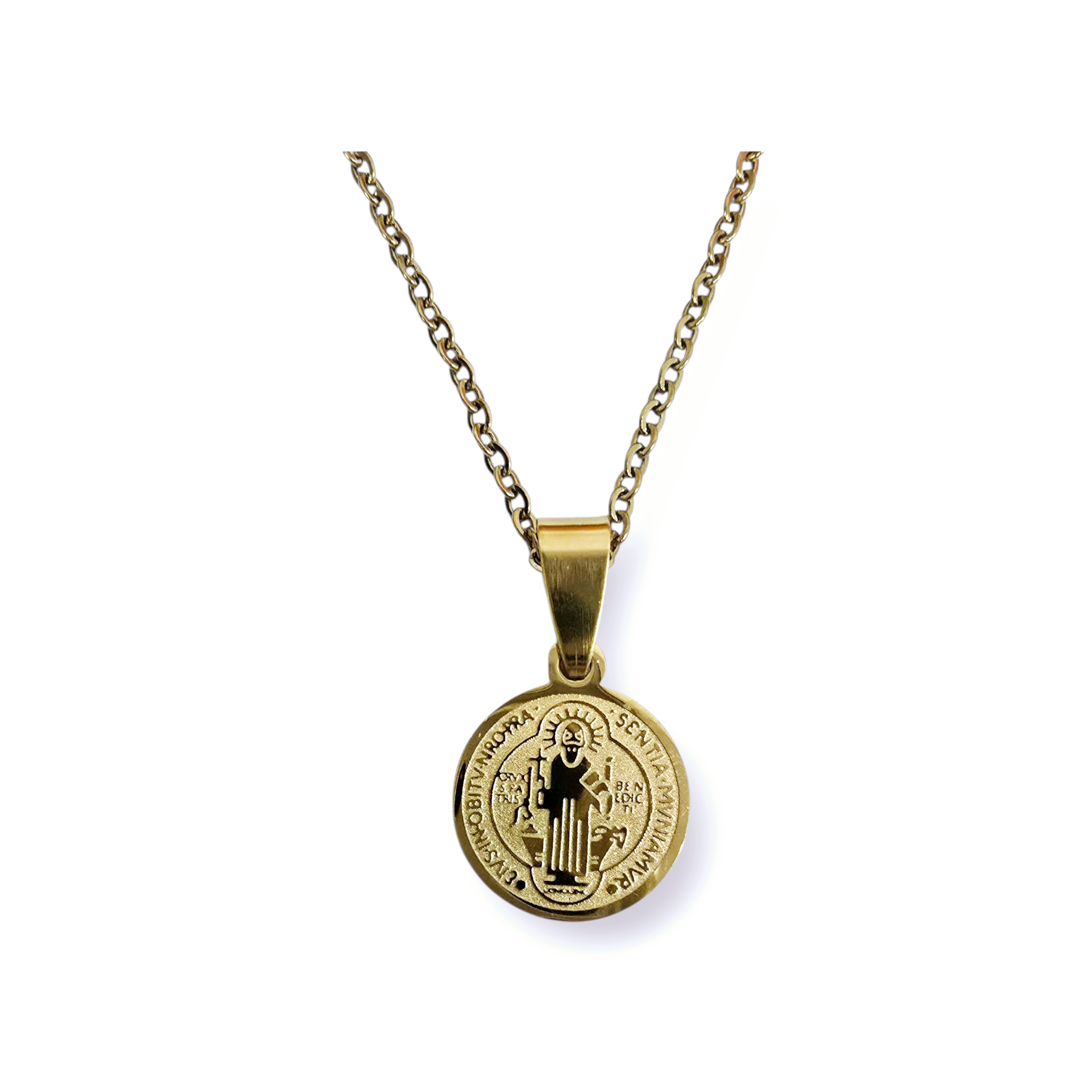 STAINLESS STEEL SAINT BENEDICT MEDAL NECKLACE - GOLD TONE