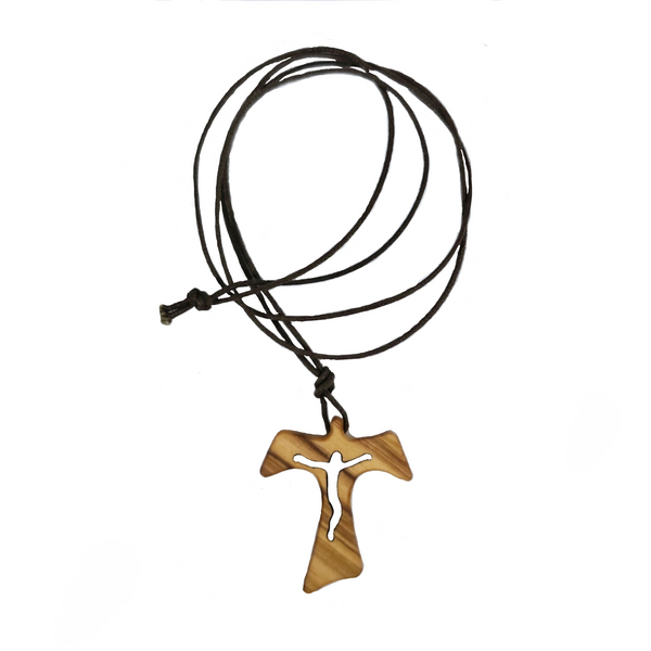 OLIVE WOOD TAU CROSS ON A STRING NECKLACE