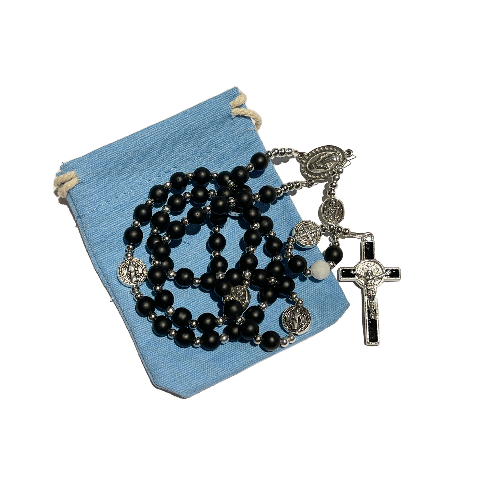 MATT BLACK ONXY SAINT BENEDICT/MIRACULOUS MEDAL ROSARY