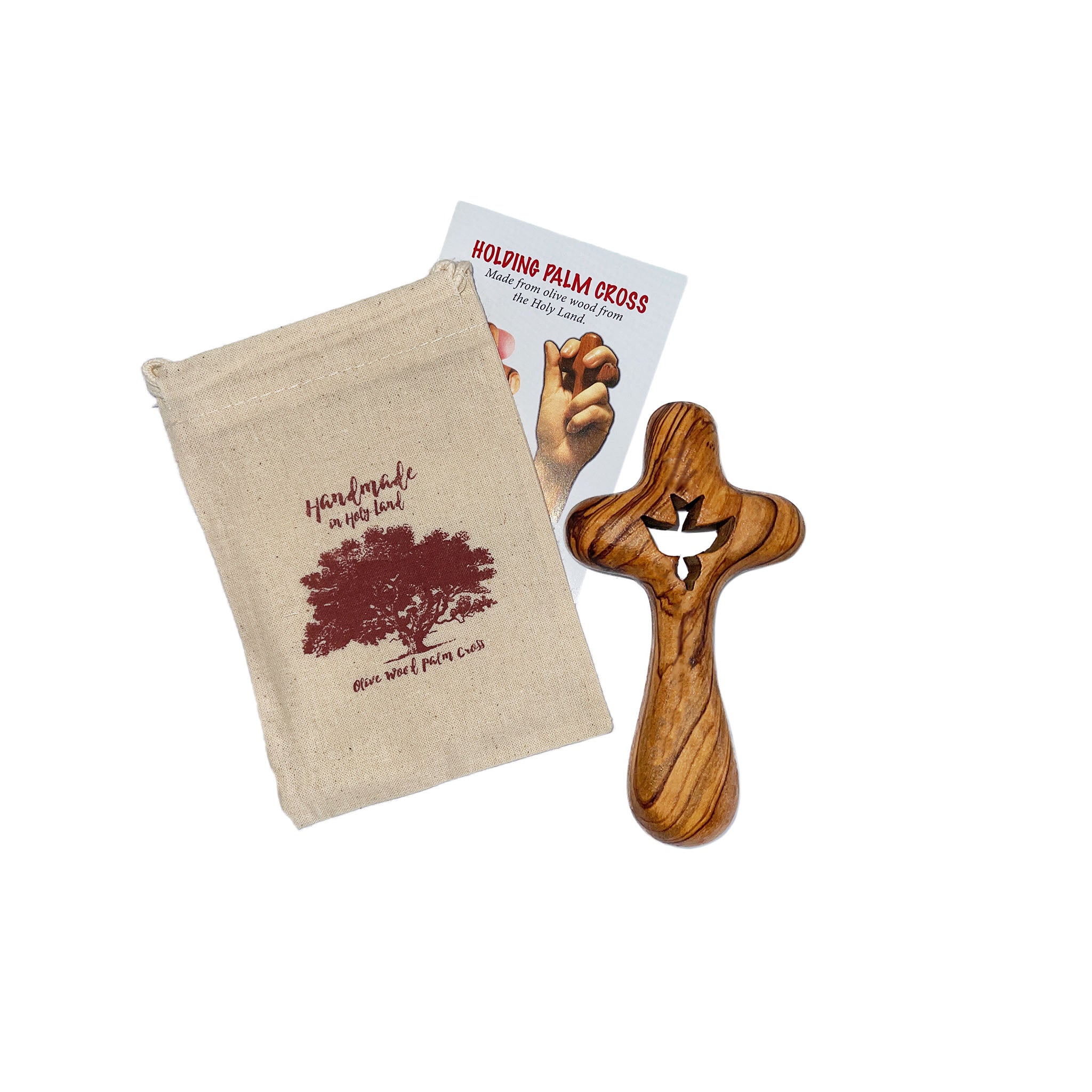 OLIVE WOOD HOLDING PALM CROSS WITH DOVE FROM HOLY LAND